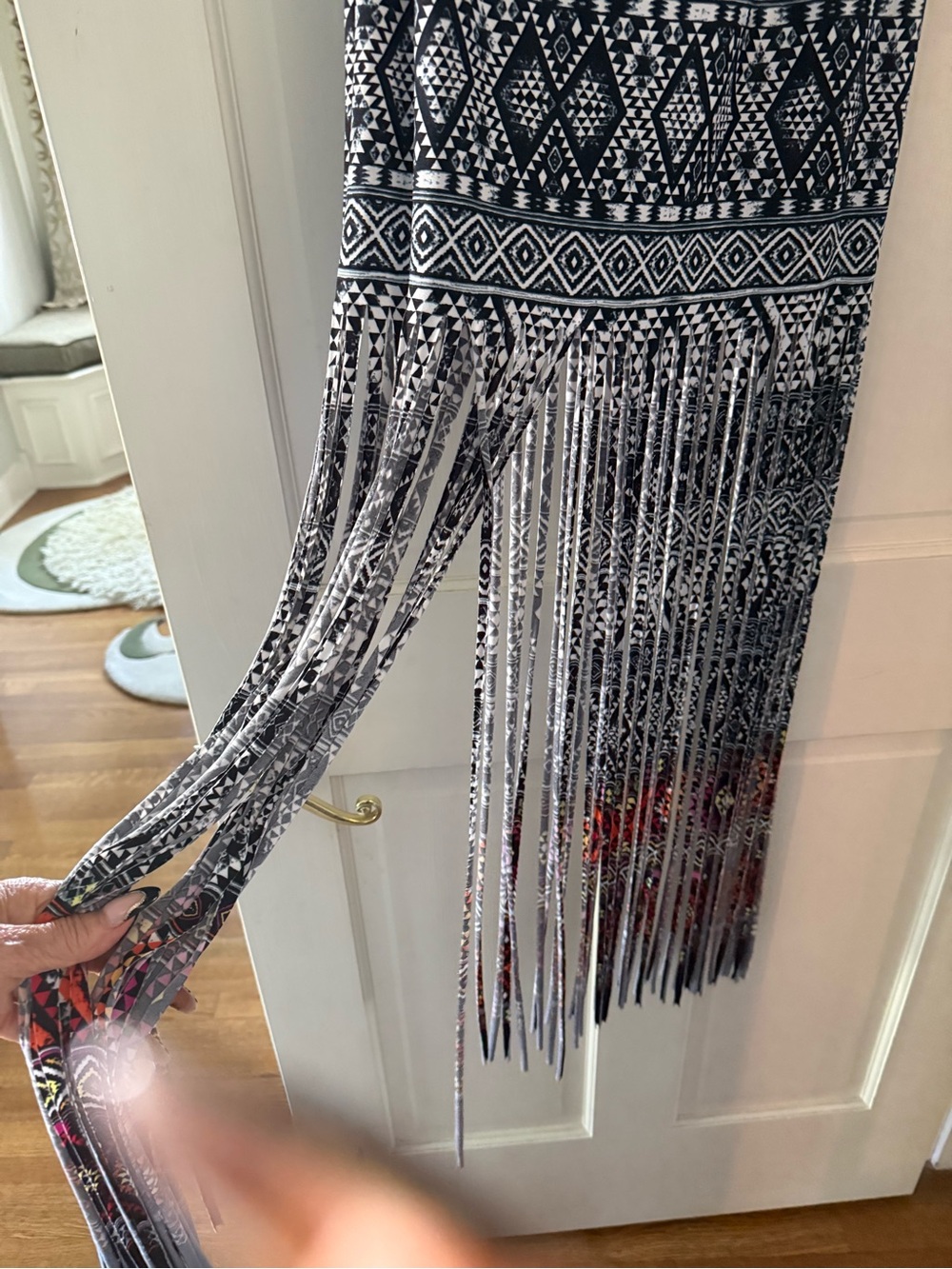 VENUS Black and White Geometric Fringe Maxi Skirt